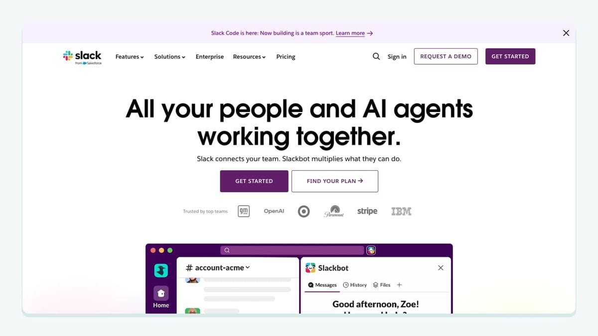 Screenshot of the slack homepage