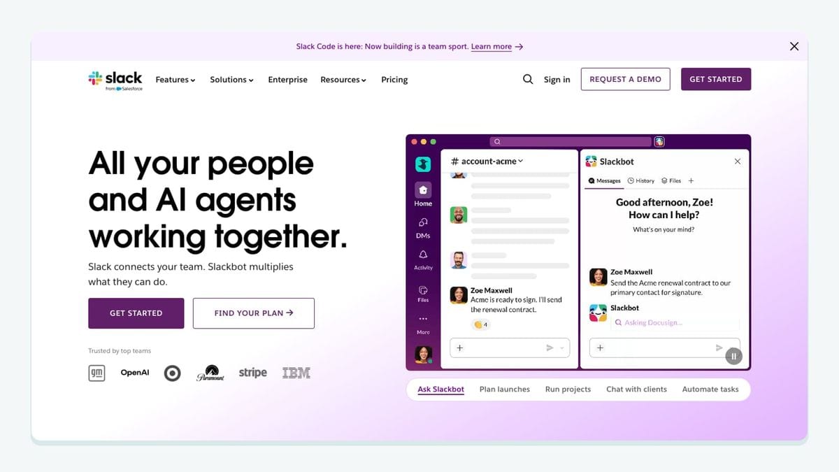 Screenshot of the slack homepage
