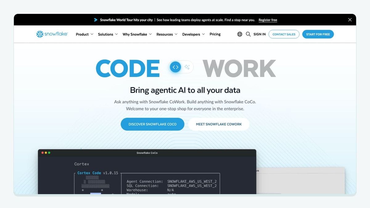 Screenshot of the snowflake homepage