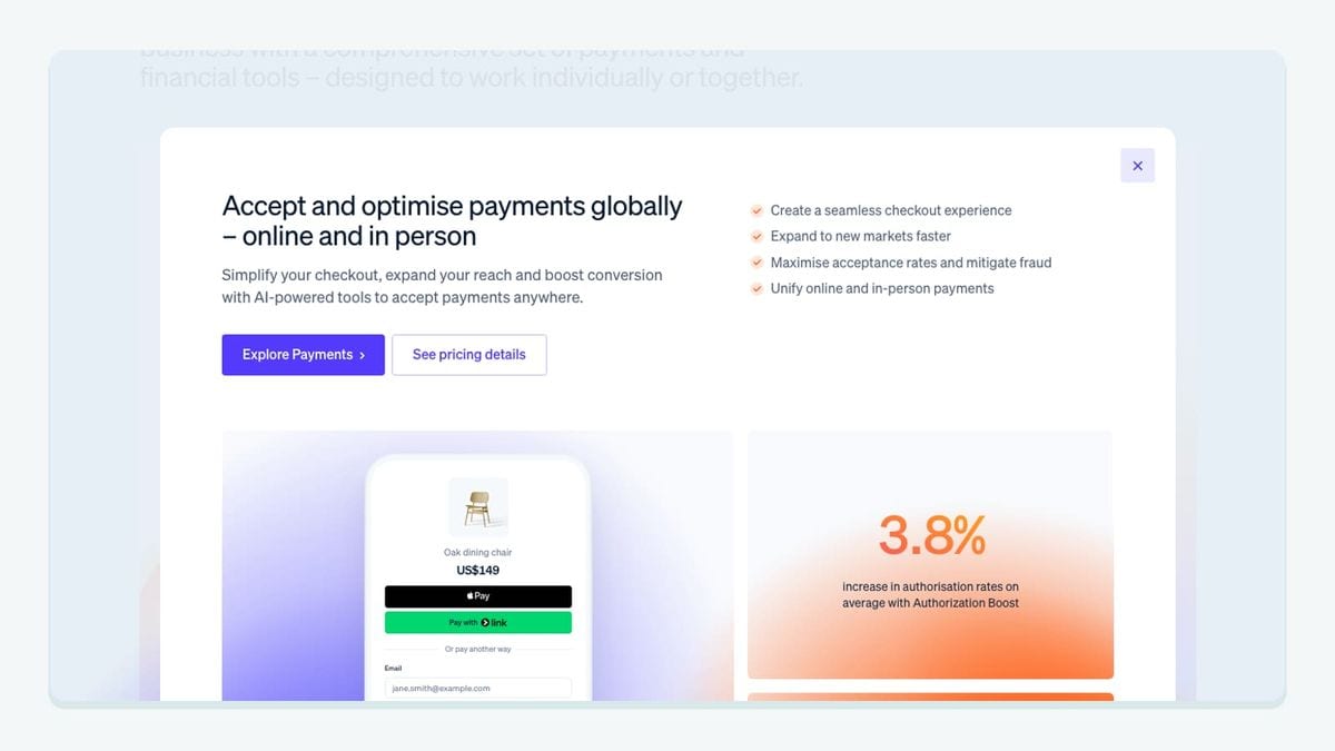 Screenshot of the stripe homepage