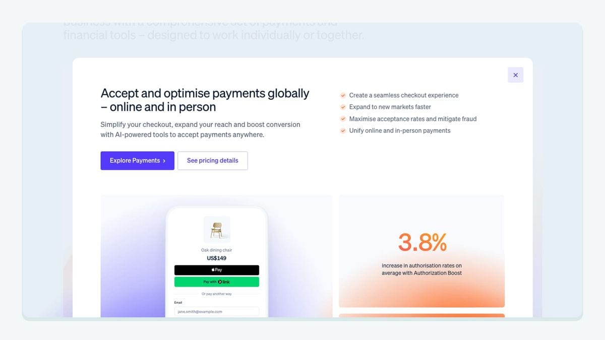 Screenshot of the stripe homepage