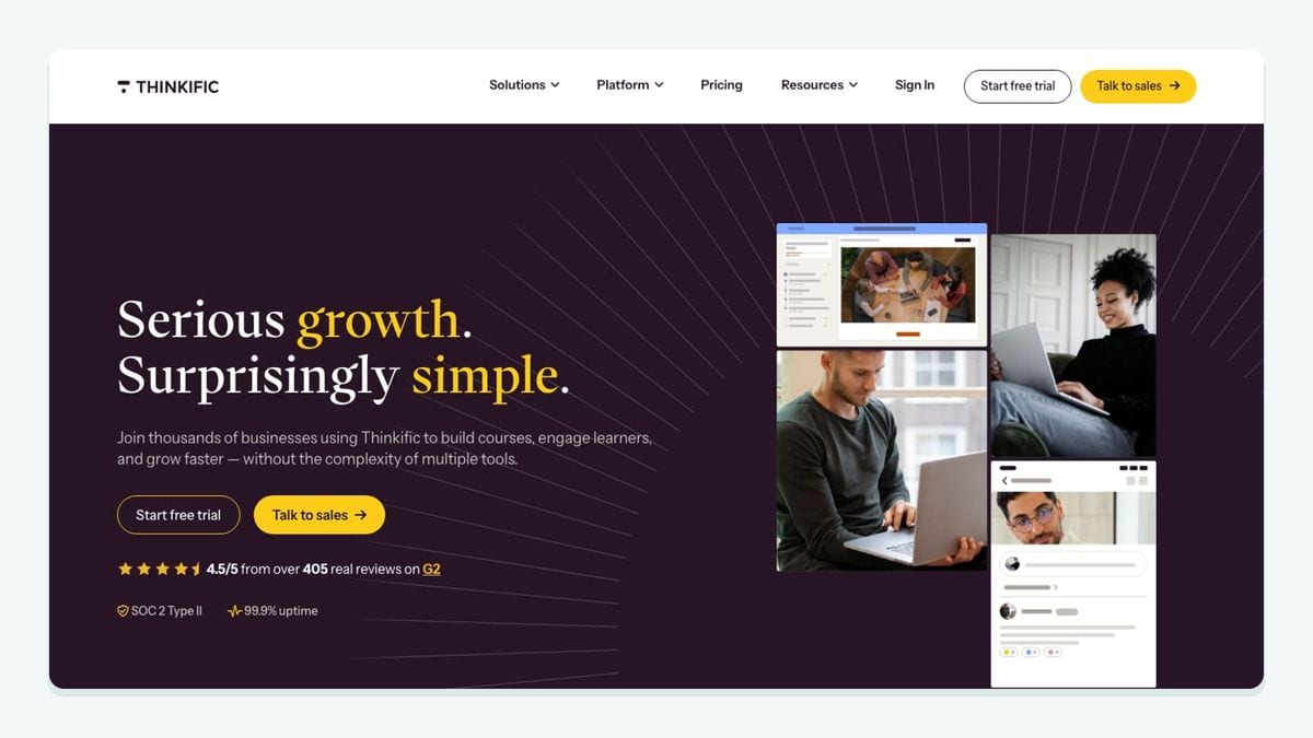 Screenshot of the thinkific homepage