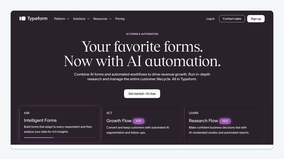 Screenshot of the typeform homepage