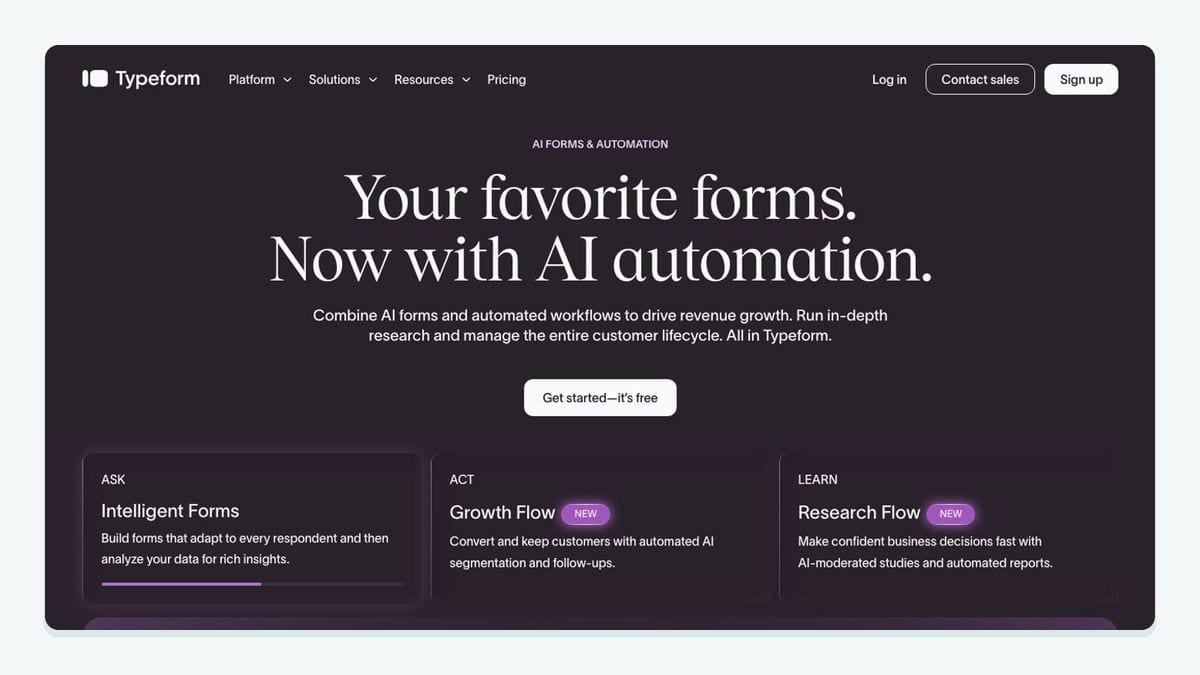 Screenshot of the typeform homepage