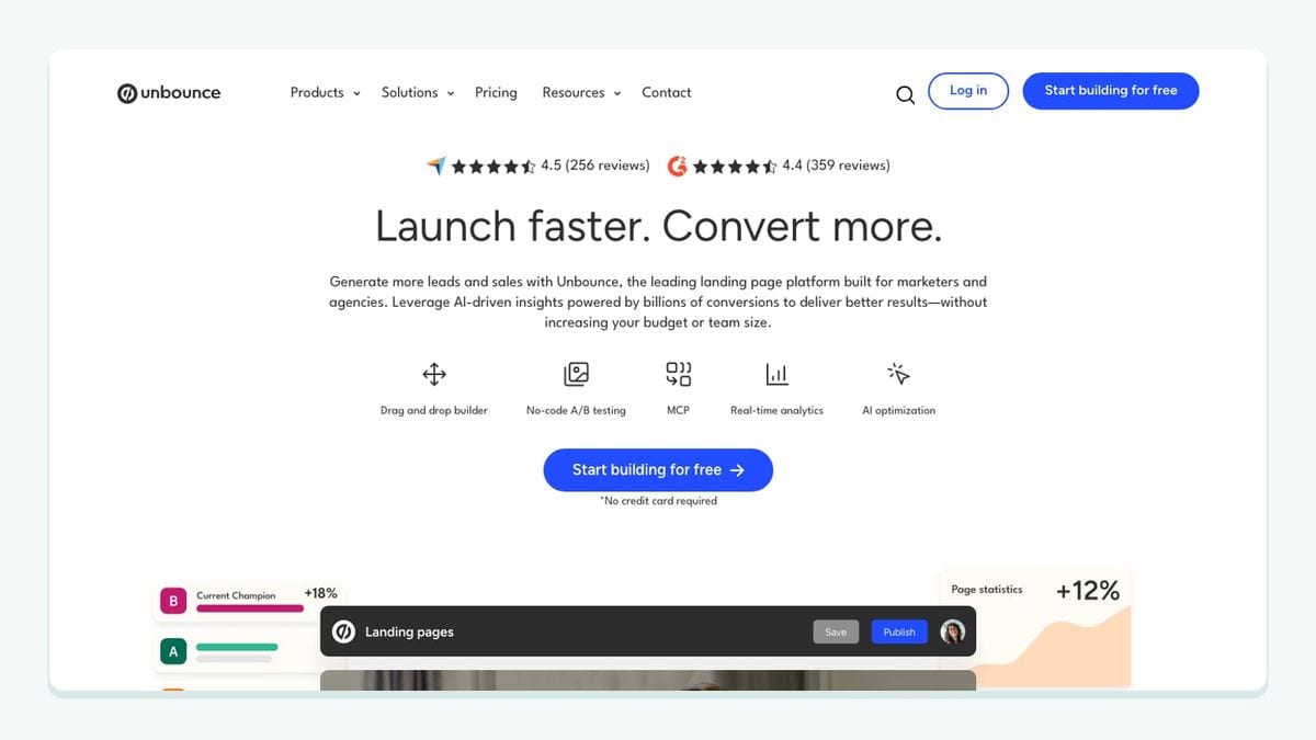 Screenshot of the unbounce homepage