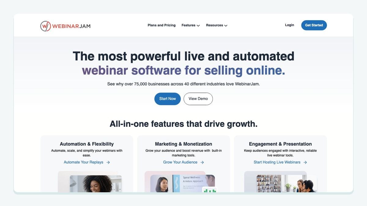 Screenshot of the webinarjam homepage