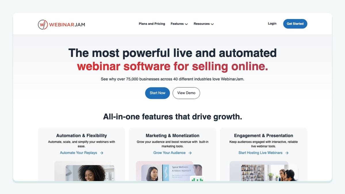 Screenshot of the webinarjam homepage