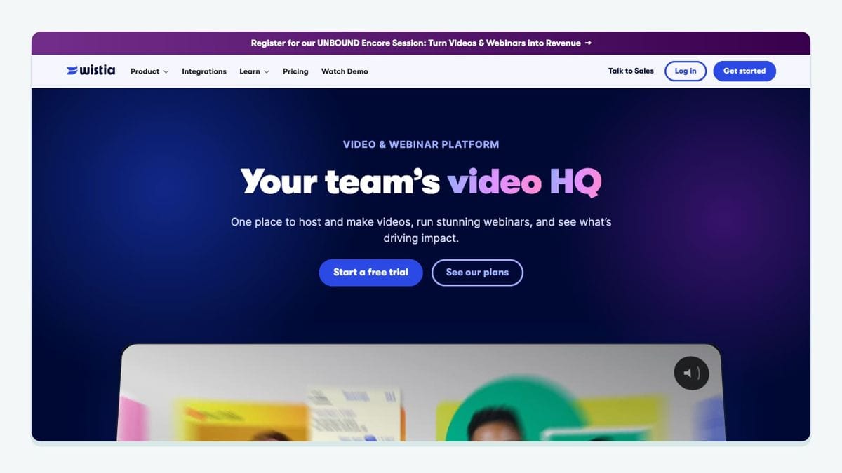 Screenshot of the wistia homepage