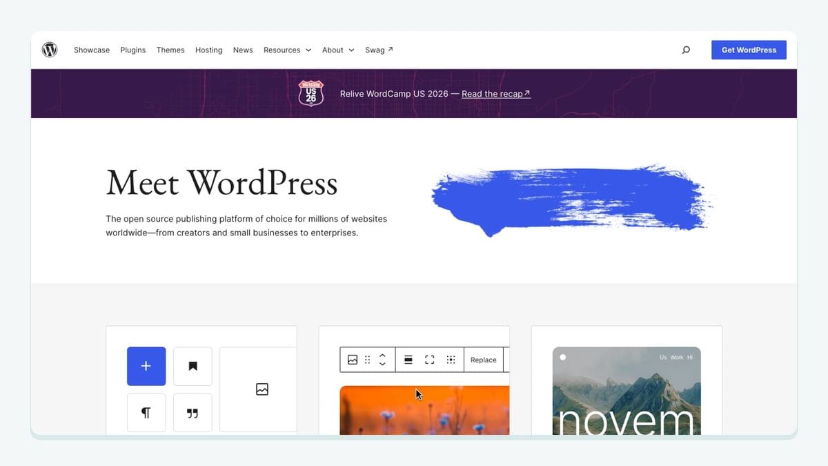Screenshot of the wordpress homepage