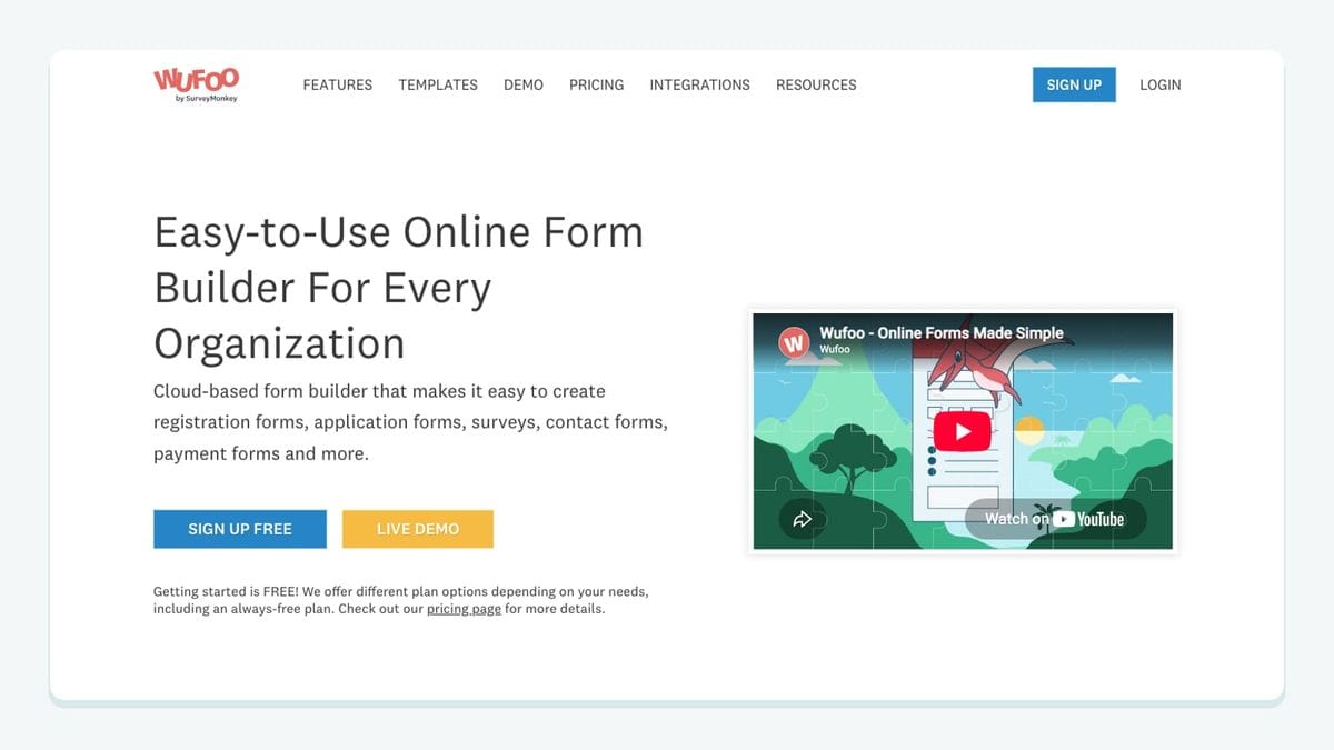 Screenshot of the wufoo homepage