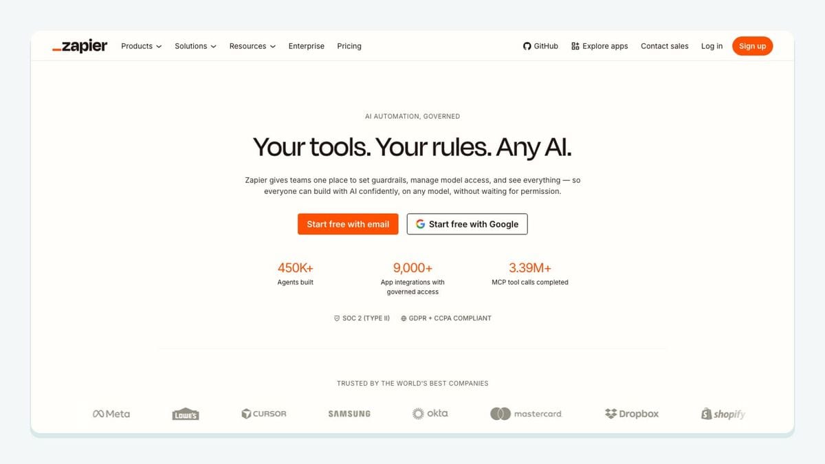 Screenshot of the zapier homepage