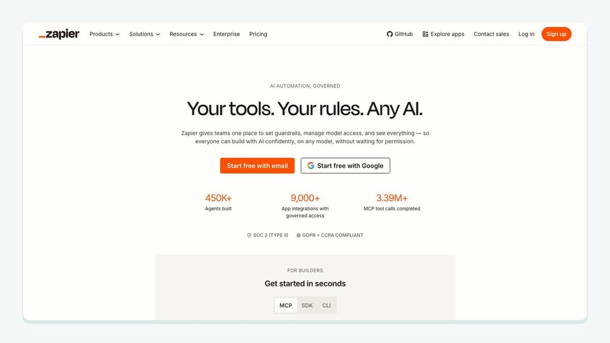 Screenshot of the zapier homepage