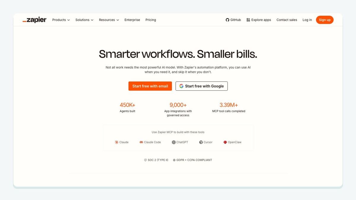 Screenshot of the zapier homepage