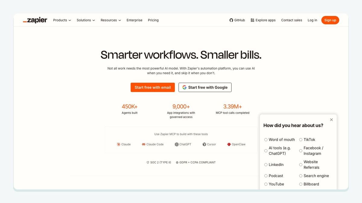 Screenshot of the zapier homepage