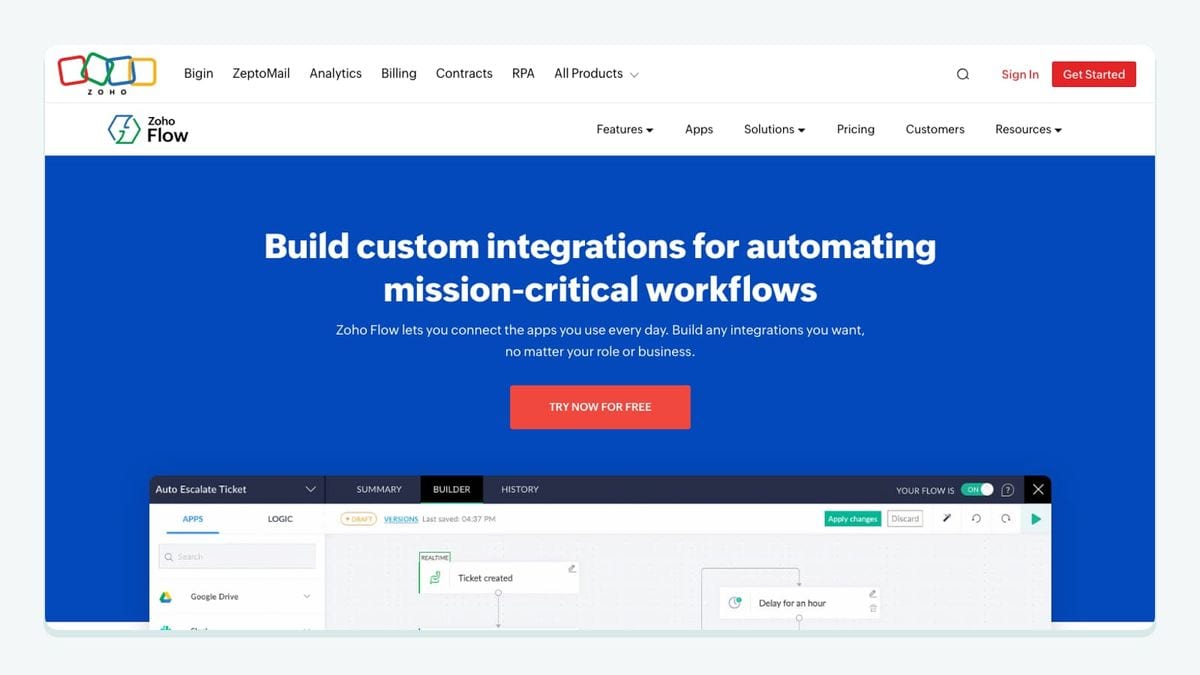Screenshot of the zoho flow homepage