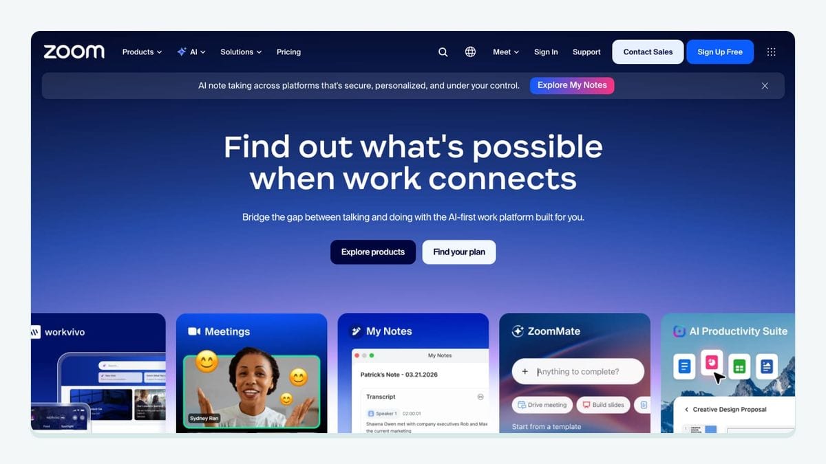 Screenshot of the zoom homepage