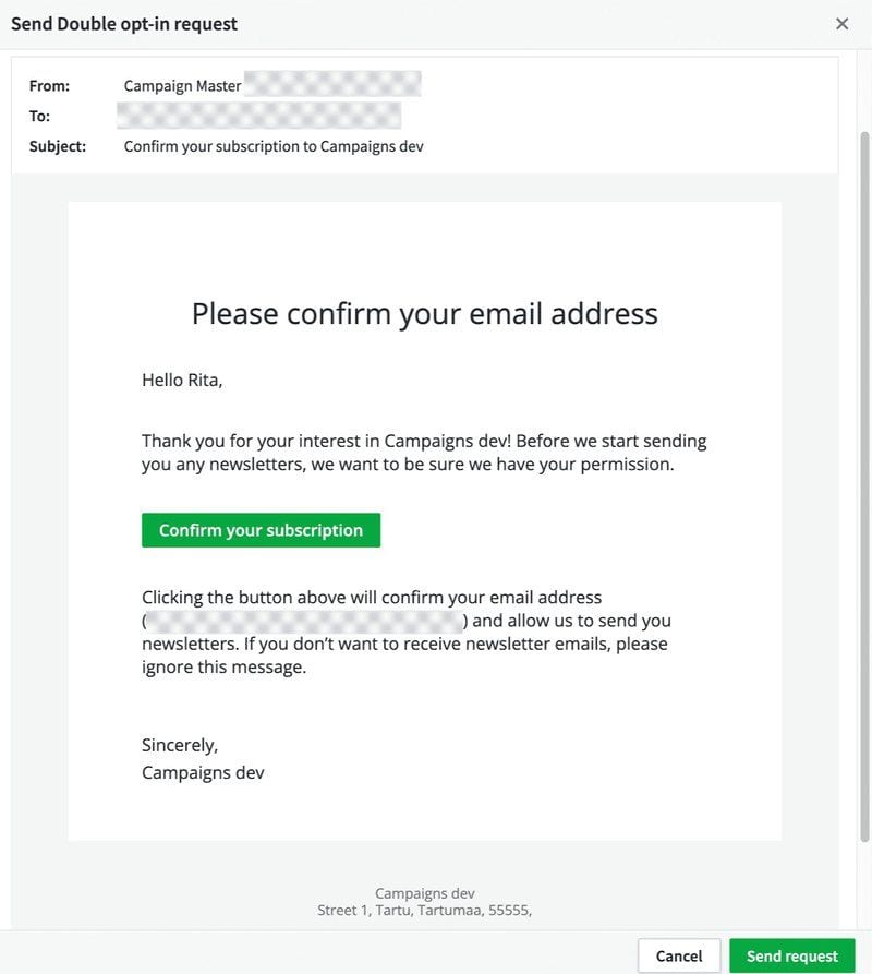 A double-opt in email request example