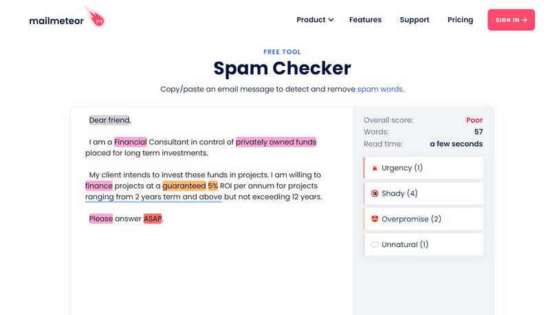 Mailmeteor's Spam Checker tool dashboard