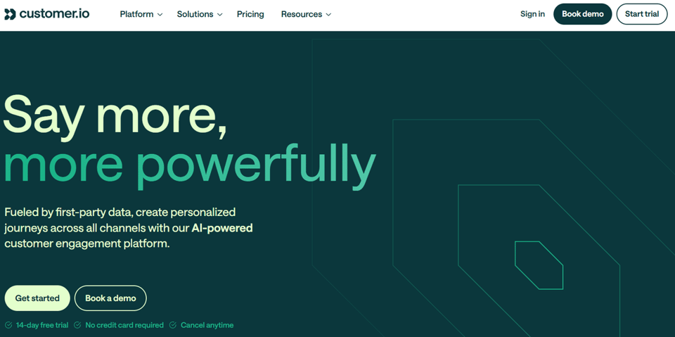 Customer.io homepage showing their messaging platform