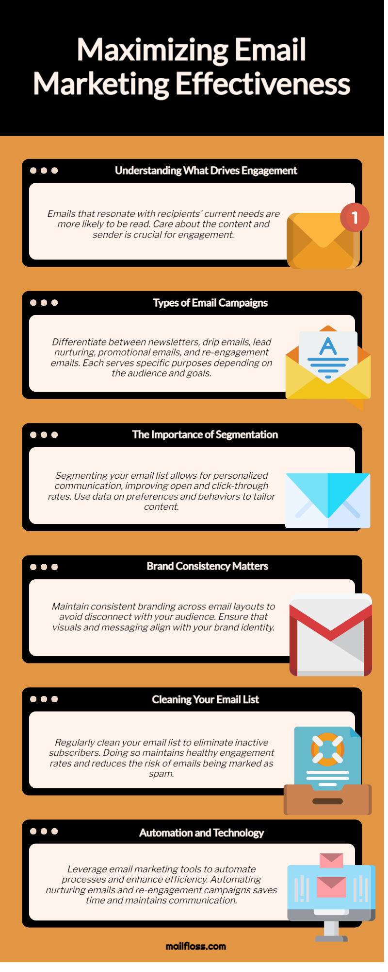 Infographic titled "Maximizing Email Marketing Effectiveness" with sections on engagement, types of campaigns, segmentation, brand consistency, cleaning email lists, and automation.