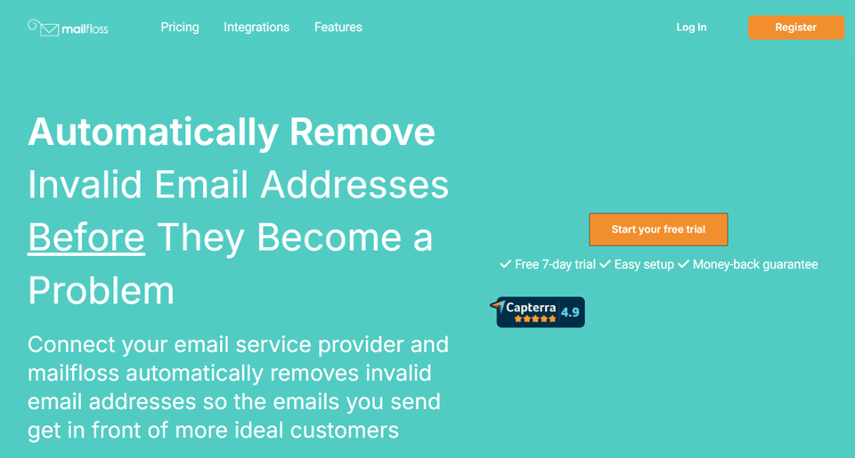 mailfloss homepage showing automated email verification service