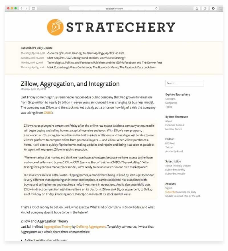 Stratechery monetizes their newsletter with a monthly subscription