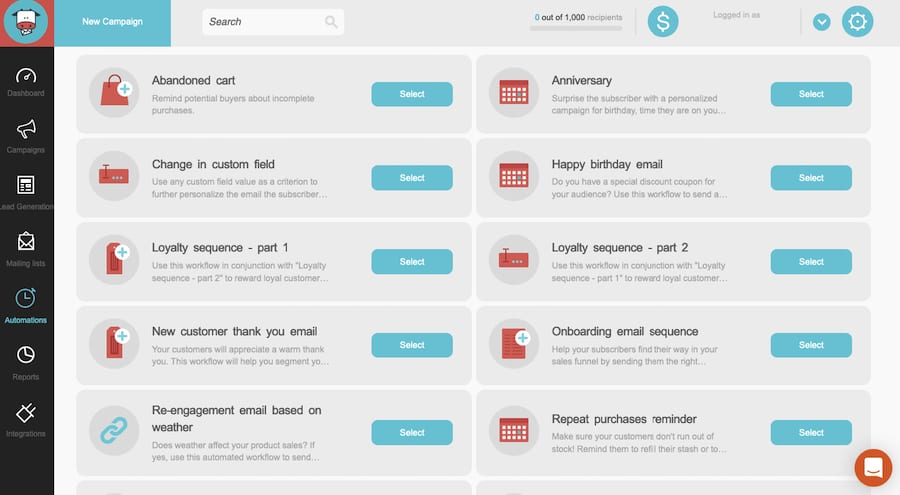 moosend dashboard
